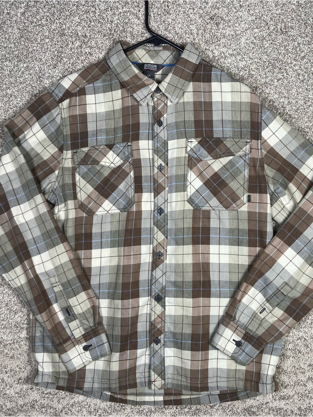 Outdoor Research Flannel Shirt Mens Large Brown Plaid Button Down Long Sleeve